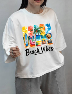 تیشرت باکسی سامر طرح Beach Vibes زنانه